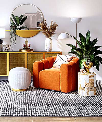 image of an orange chair on a rug with a white footstool and healthy plants